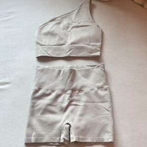 ALO Yoga gravel shimmer One-Shoulder Sports Bra and High-Waist Bike Shorts Set